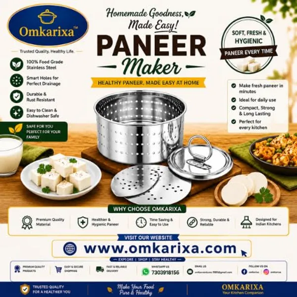 OMKARIXA_Stainless_Steel_Paneer_Maker_Mould_Medium_Size_|_Paneer_Press_with_Lid_|_Tofu_Press_Maker_&_Whey_Separator_|_Round_Shape_|_500_ML_Capacity_|_Silver