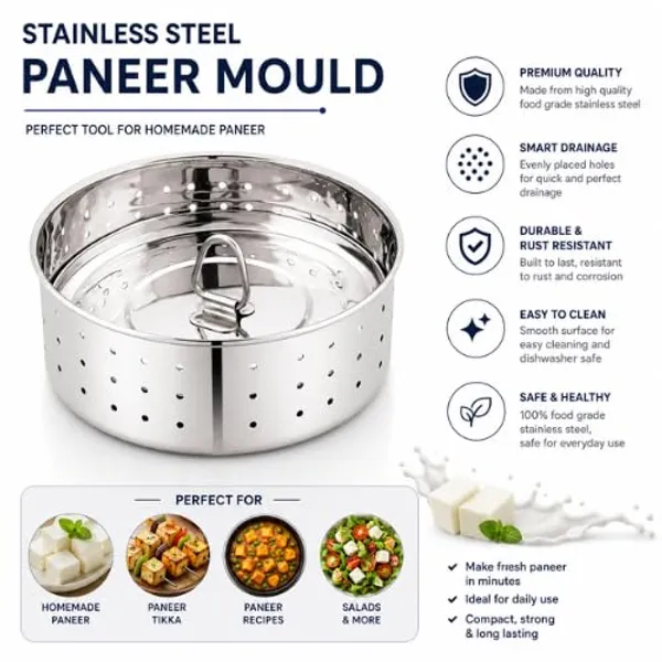 OMKARIXA_Stainless_Steel_Paneer_Maker_Mould_Medium_Size_|_Paneer_Press_with_Lid_|_Tofu_Press_Maker_&_Whey_Separator_|_Round_Shape_|_500_ML_Capacity_|_Silver