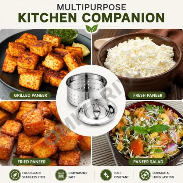 OMKARIXA_Stainless_Steel_Paneer_Maker_Mould_Medium_Size_|_Paneer_Press_with_Lid_|_Tofu_Press_Maker_&_Whey_Separator_|_Round_Shape_|_500_ML_Capacity_|_Silver