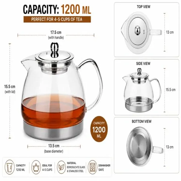 OMKARIXA_Glass_Tea_Carafe_/_Tea_Pot_with_Stainless_Steel_Filter_|_Borosilicate_Glass_Teapot_|_Induction_Compatible_|_Heat_Resistant_Tea_Maker_for_Tea,_Coffee_&_Herbal_Drinks_|_1200_ML
