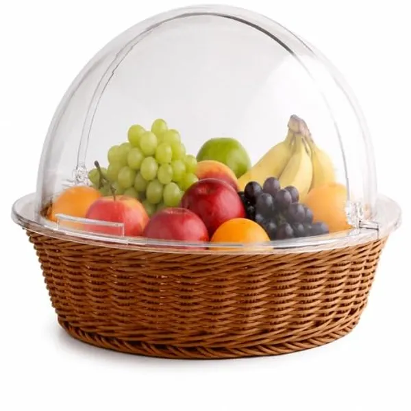 OMKARIXA_Multipurpose_Heavy_Poly_Rattan_Woven_Buffet_Bread_Basket_Round_with_Polycarbonate_Roll_Top_Lid_|_Food_Storage_&_Display_Basket_|_16_Inch_Diameter_x_11_Inch_Height_(Approx.)