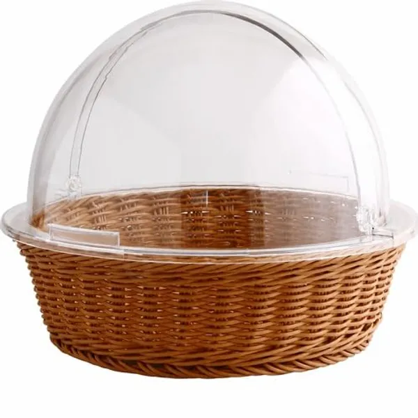 OMKARIXA_Multipurpose_Heavy_Poly_Rattan_Woven_Buffet_Bread_Basket_Round_with_Polycarbonate_Roll_Top_Lid_|_Food_Storage_&_Display_Basket_|_16_Inch_Diameter_x_11_Inch_Height_(Approx.)