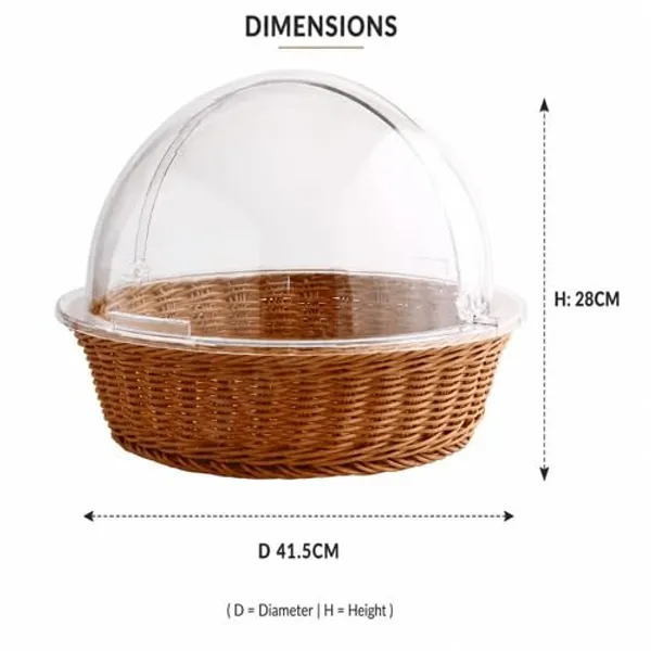 OMKARIXA_Multipurpose_Heavy_Poly_Rattan_Woven_Buffet_Bread_Basket_Round_with_Polycarbonate_Roll_Top_Lid_|_Food_Storage_&_Display_Basket_|_16_Inch_Diameter_x_11_Inch_Height_(Approx.)