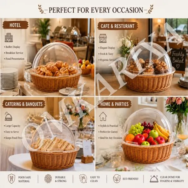OMKARIXA_Multipurpose_Heavy_Poly_Rattan_Woven_Buffet_Bread_Basket_Round_with_Polycarbonate_Roll_Top_Lid_|_Food_Storage_&_Display_Basket_|_16_Inch_Diameter_x_11_Inch_Height_(Approx.)