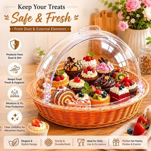 OMKARIXA_Multipurpose_Heavy_Poly_Rattan_Woven_Buffet_Bread_Basket_Round_with_Polycarbonate_Roll_Top_Lid_|_Food_Storage_&_Display_Basket_|_16_Inch_Diameter_x_11_Inch_Height_(Approx.)