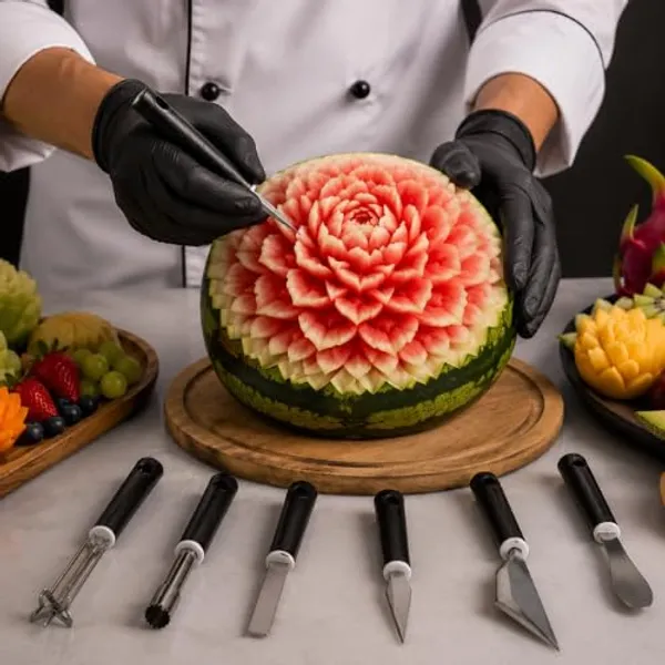 OMKARIXA_Fruit_Carving_Tool,_Stainless_Steel_Blade_with_Black_Wooden_Handle_for_Decorative_Food_Art,_Fruit_&_Vegetable_Carving_Knife_for_Kitchen,_Restaurant_&_Chef_Use