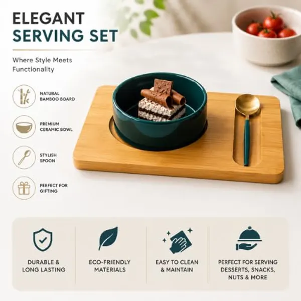 OMKARIXA_Dessert_&_Snacks_Bowl_Set_with_Wooden_Base_Bottle_Green