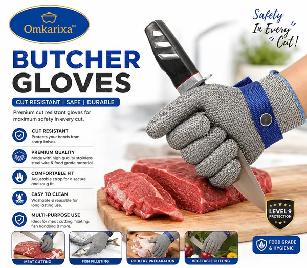 OMKARIXA_1Pc_Stainless_Steel_Mesh_Cut_Resistant_Glove_|_Level-9_Safety_Work_Glove_|_Adjustable_Fit_|_Food_Grade_Metal_Mesh_Glove_for_Meat_Processing,_Fish_Handling,_Metal_&_Wood_Work