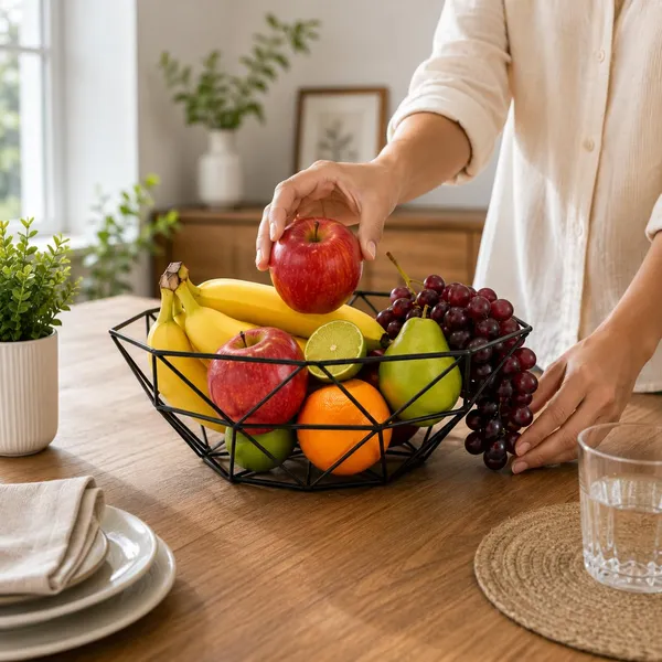 OMKARIXA_Modern_Mesh_Decorative_Fruit_Bowl_|_30cm_Diamond_Metal_Wire_Fruit_Basket_|_Kitchen_Counter_&_Dining_Table_Fruit_Holder_|_Multipurpose_Storage_Basket_|_Black