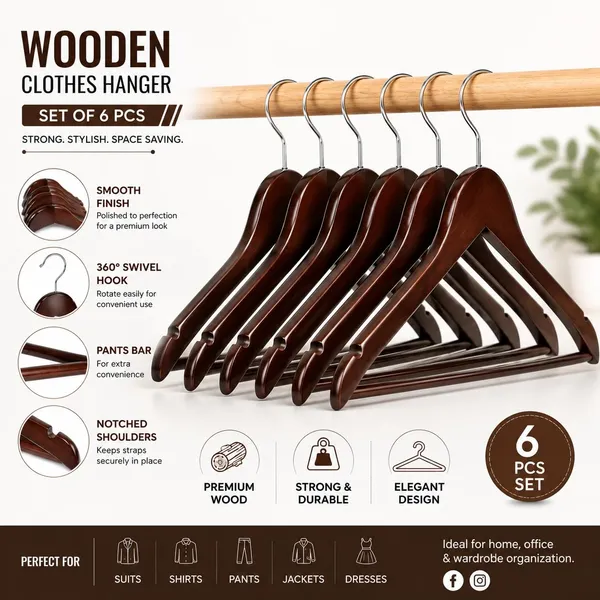 OMKARIXA_Wooden_Clothes_Hangers_Set_of_6_|_Walnut_Finish_Solid_Wooden_Hangers_for_Suits,_Pants,_Shirts,_Skirts_&_Jackets_|_Dark_Brown