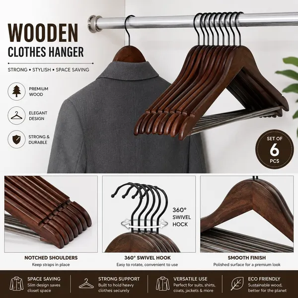 OMKARIXA_Wooden_Clothes_Hangers_Set_of_6_|_Walnut_Finish_Solid_Wooden_Hangers_for_Suits,_Pants,_Shirts,_Skirts_&_Jackets_|_Dark_Brown