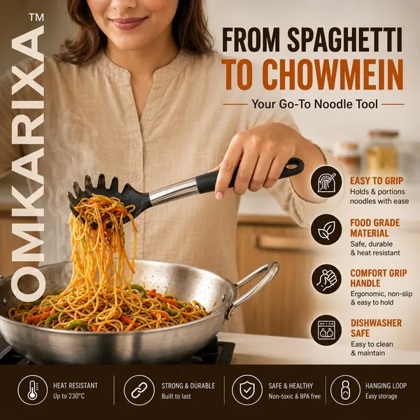 OMKARIXA_Non-Stick_Spaghetti_Server_|_Pasta_Spoon_with_Stainless_Steel_Handle_&_Black_Silicone_Grip_|_30_cm_Pasta_Serving_Spoon_for_Noodles,_Maggi,_Chowmein_&_Macaroni