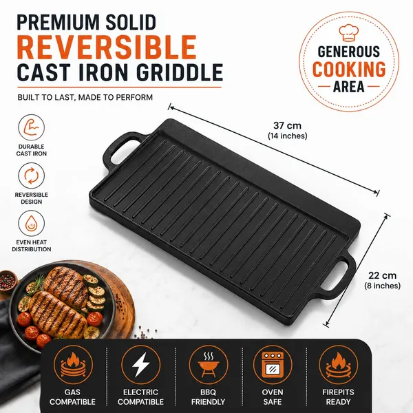 OMKARIXA_Cast_Iron_Reversible_Grill_&_Griddle_Pan_|_37_x_22_cm_BBQ_Griddle_Plate_|_Double-Sided_Grill_Pan_for_Gas,_Hob,_Oven_&_Induction_|_Pack_of_1