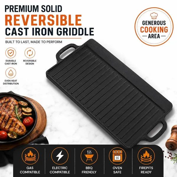 OMKARIXA_Cast_Iron_Reversible_Grill_&_Griddle_Pan_|_37_x_22_cm_BBQ_Griddle_Plate_|_Double-Sided_Grill_Pan_for_Gas,_Hob,_Oven_&_Induction_|_Pack_of_1
