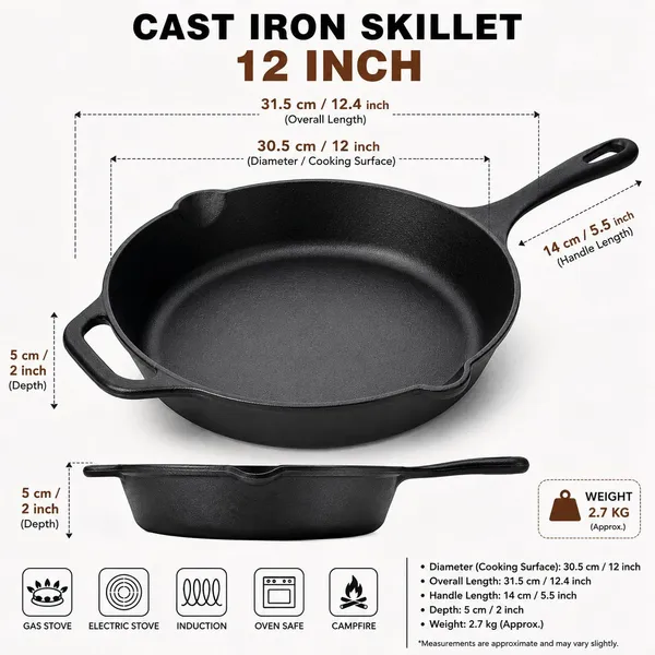 OMKARIXA_Pre-Seasoned_Cast_Iron_Frying_Pan_12_Inch_|_Heavy_Duty_Skillet_with_Long_Handle_&_Dual_Pour_Spouts_|_Induction,_Gas,_Oven_&_BBQ_Compatible