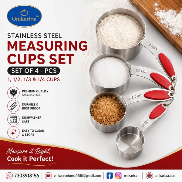 OMKARIXA_Stainless_Steel_Measuring_Cups_Set_of_4_with_Red_Handles_|_1,_1/2,_1/3_&_1/4_Cup_|_Engraved_Markings_|_Ring_Storage_Hook_|_Baking_&_Cooking_|_Pack_of_4