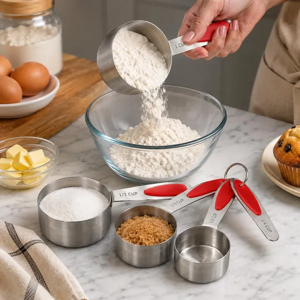 OMKARIXA_Stainless_Steel_Measuring_Cups_Set_of_4_with_Red_Handles_|_1,_1/2,_1/3_&_1/4_Cup_|_Engraved_Markings_|_Ring_Storage_Hook_|_Baking_&_Cooking_|_Pack_of_4