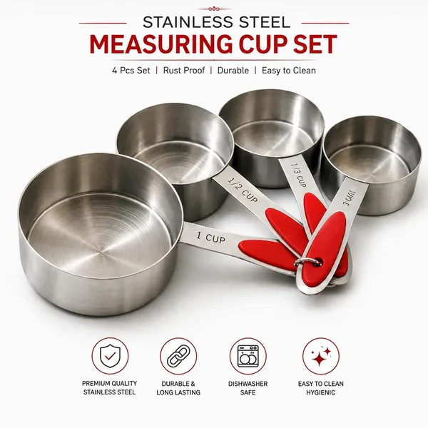 OMKARIXA_Stainless_Steel_Measuring_Cups_Set_of_4_with_Red_Handles_|_1,_1/2,_1/3_&_1/4_Cup_|_Engraved_Markings_|_Ring_Storage_Hook_|_Baking_&_Cooking_|_Pack_of_4