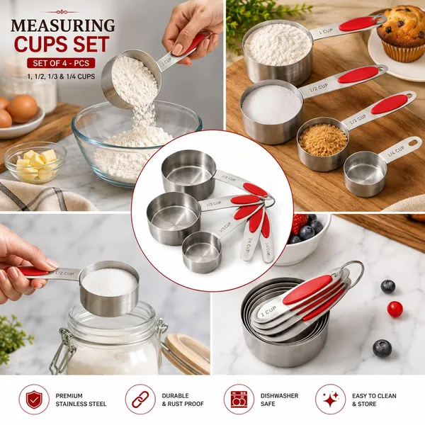 OMKARIXA_Stainless_Steel_Measuring_Cups_Set_of_4_with_Red_Handles_|_1,_1/2,_1/3_&_1/4_Cup_|_Engraved_Markings_|_Ring_Storage_Hook_|_Baking_&_Cooking_|_Pack_of_4