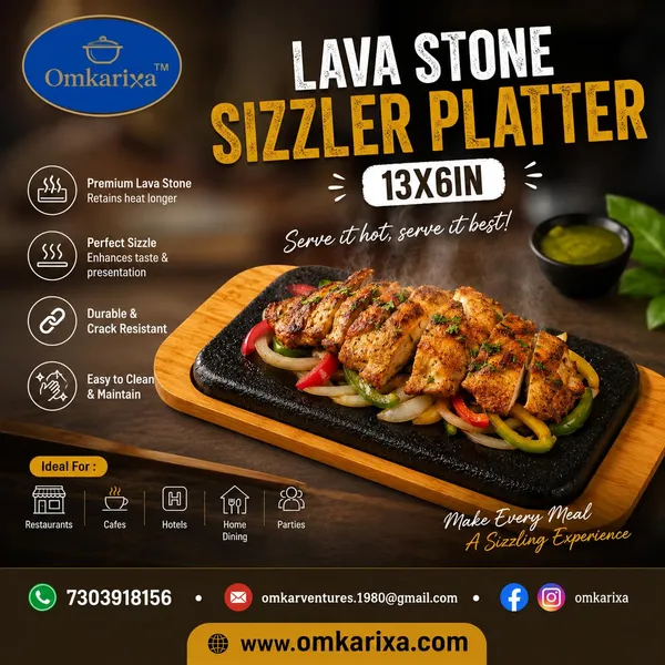 OMKARIXA_Lava_Stone_Sizzler_Platter_13_x_6_Inch_|_Rectangular_Hot_Serving_Plate_for_Sizzlers,_Steak,_Grilled_Food_&_Starters_|_Restaurant_&_Home_Use
