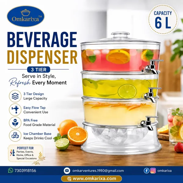 OMKARIXA_6_Litre_3-Layer_Tabletop_Beverage_Dispenser_with_Faucet_&_Ice_Container_|_Juice,_Water_&_Cold_Drink_Dispenser_for_Home,_Restaurant_&_Party