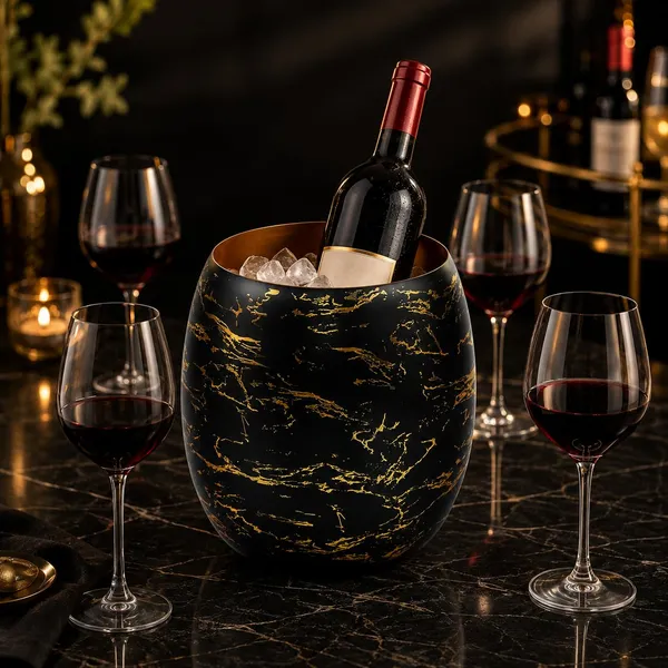 OMKARIXA_5L_Stainless_Steel_Wine_Bucket_|_Black_Marble_Finish_Bottle_Chiller_&_Beverage_Serving_Bucket_|_Wine,_Champagne_&_Drinks_|_Home,_Bar_&_Restaurant