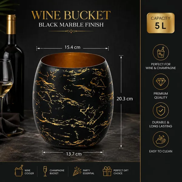 OMKARIXA_5L_Stainless_Steel_Wine_Bucket_|_Black_Marble_Finish_Bottle_Chiller_&_Beverage_Serving_Bucket_|_Wine,_Champagne_&_Drinks_|_Home,_Bar_&_Restaurant