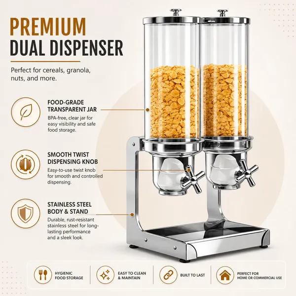 OMKARIXA_Commercial_Grade_Cereal_Dispenser_7L_(3.5L_x_2)_|_Stainless_Steel_Stand_with_Clear_Containers_&_Drip_Tray_|_Portion_Controlled_Dry_Food_Dispenser