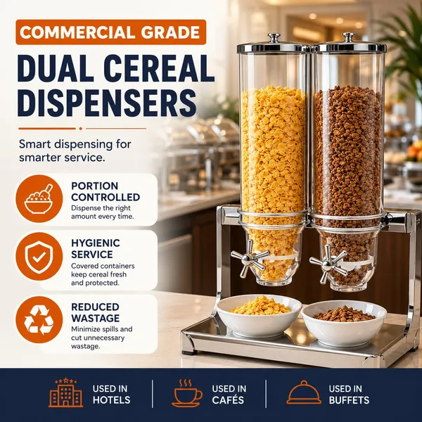 OMKARIXA_Commercial_Grade_Cereal_Dispenser_7L_(3.5L_x_2)_|_Stainless_Steel_Stand_with_Clear_Containers_&_Drip_Tray_|_Portion_Controlled_Dry_Food_Dispenser