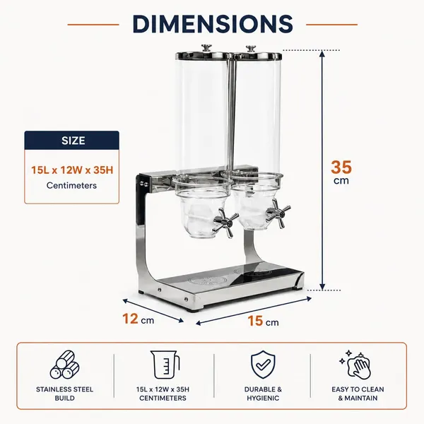 OMKARIXA_Commercial_Grade_Cereal_Dispenser_7L_(3.5L_x_2)_|_Stainless_Steel_Stand_with_Clear_Containers_&_Drip_Tray_|_Portion_Controlled_Dry_Food_Dispenser