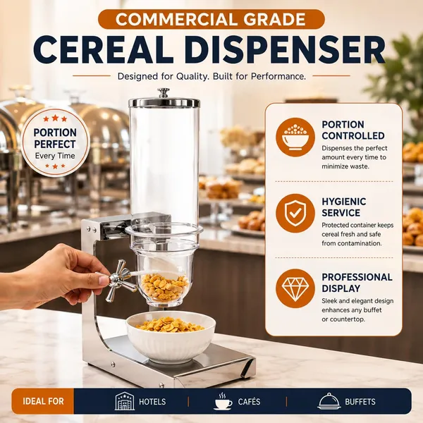OMKARIXA_Commercial_Cereal_Dispenser_3.5L_|_Stainless_Steel_Stand_with_Clear_Container_&_Drip_Tray_|_Portion_Controlled_Dry_Food_Dispenser_for_Cereal,_Muesli_&_Granola