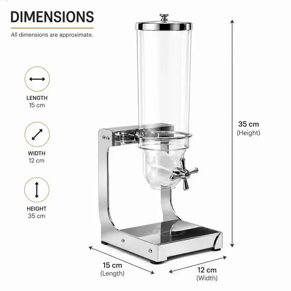 OMKARIXA_Commercial_Cereal_Dispenser_3.5L_|_Stainless_Steel_Stand_with_Clear_Container_&_Drip_Tray_|_Portion_Controlled_Dry_Food_Dispenser_for_Cereal,_Muesli_&_Granola