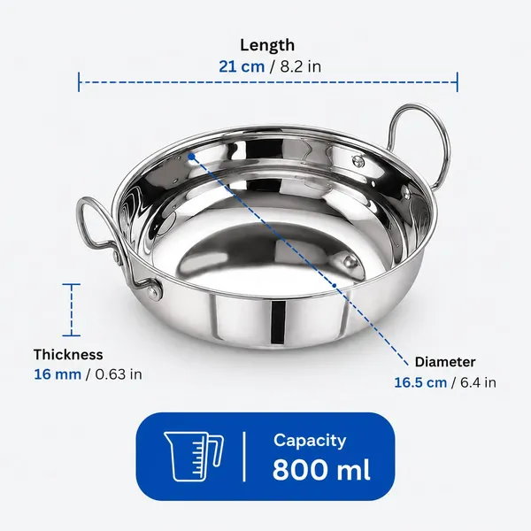 OMKARIXA_Mini_Kadhai_800ml,_16.5cm_Stainless_Steel_Serving_Kadai_for_Cooking,_Deep_Frying_&_2_Serving_Meals