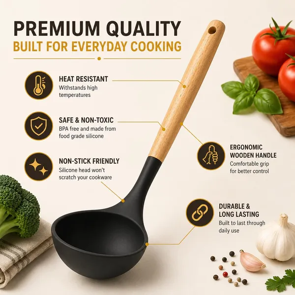 OMKARIXA_Silicone_Soup_Ladle_with_Wooden_Handle,_Heat_Resistant_Non-Stick_&_Non-Scratch_Kitchen_Serving_Spoon,_Black,_Pack_of_1