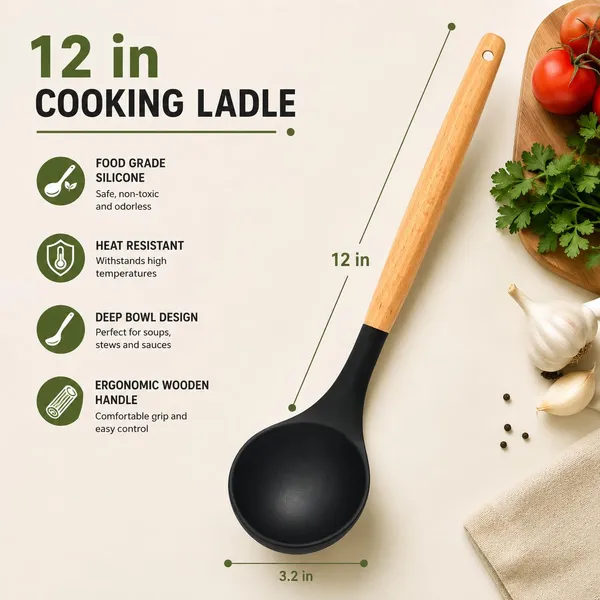OMKARIXA_Silicone_Soup_Ladle_with_Wooden_Handle,_Heat_Resistant_Non-Stick_&_Non-Scratch_Kitchen_Serving_Spoon,_Black,_Pack_of_1