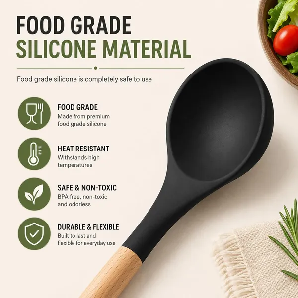 OMKARIXA_Silicone_Soup_Ladle_with_Wooden_Handle,_Heat_Resistant_Non-Stick_&_Non-Scratch_Kitchen_Serving_Spoon,_Black,_Pack_of_1