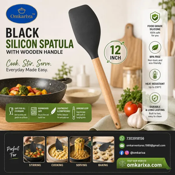 OMKARIXA_446_Degree_Fahrenheit_Heat_Resistant_Silicone_Spatula_with_Wooden_Handle,_Non-Stick_Cookware_Friendly_Kitchen_Turner,_Black,_Pack_of_1