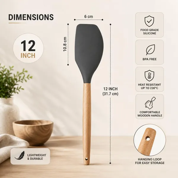 OMKARIXA_446_Degree_Fahrenheit_Heat_Resistant_Silicone_Spatula_with_Wooden_Handle,_Non-Stick_Cookware_Friendly_Kitchen_Turner,_Black,_Pack_of_1