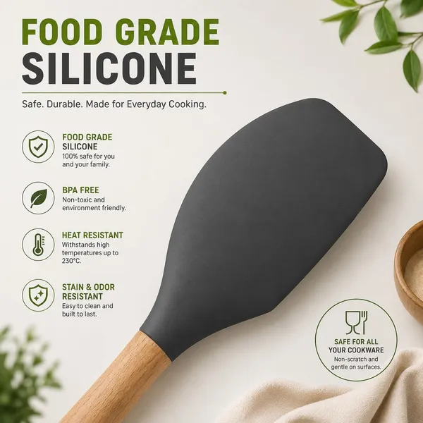 OMKARIXA_446_Degree_Fahrenheit_Heat_Resistant_Silicone_Spatula_with_Wooden_Handle,_Non-Stick_Cookware_Friendly_Kitchen_Turner,_Black,_Pack_of_1