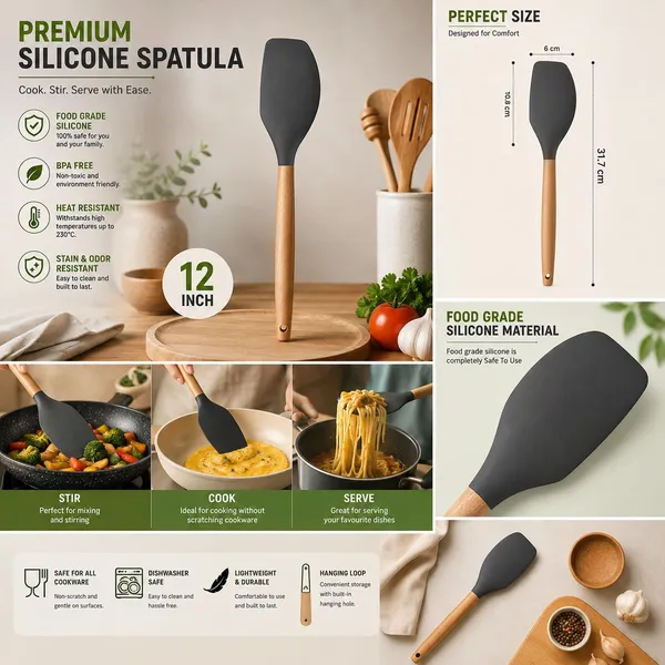 OMKARIXA_446_Degree_Fahrenheit_Heat_Resistant_Silicone_Spatula_with_Wooden_Handle,_Non-Stick_Cookware_Friendly_Kitchen_Turner,_Black,_Pack_of_1
