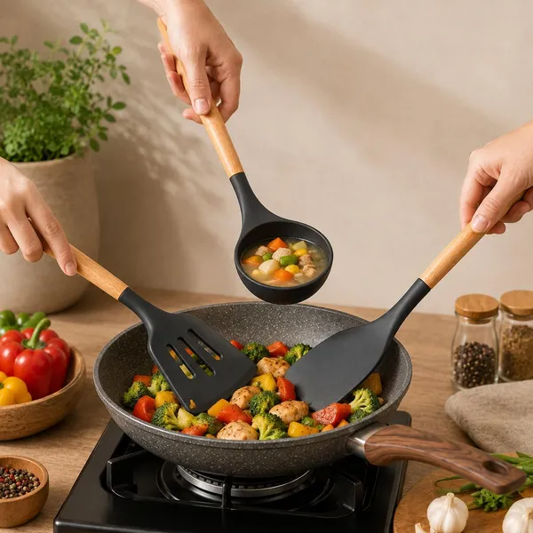 OMKARIXA_3-Piece_Black_Silicone_Kitchen_Utensil_Set_with_Wooden_Handles,_Heat_Resistant_Cooking_Tools,_Slotted_Turner,_Spatula_&_Ladle,_12_Inch