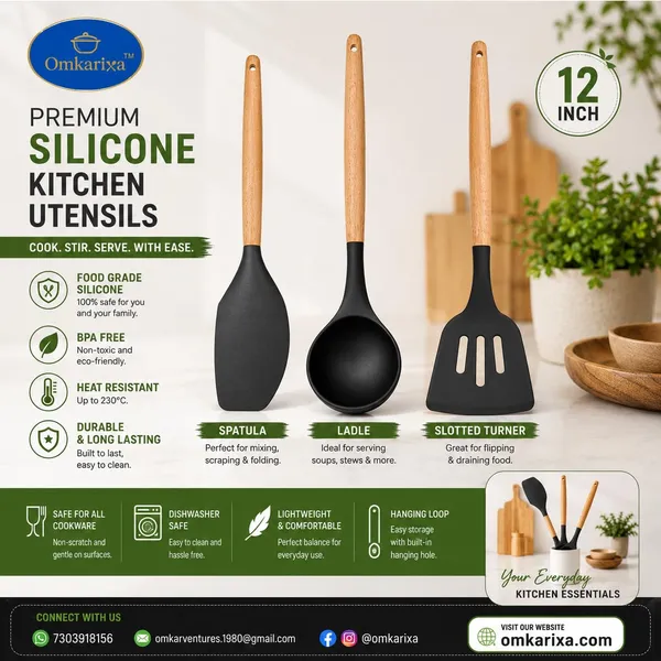 OMKARIXA_3-Piece_Black_Silicone_Kitchen_Utensil_Set_with_Wooden_Handles,_Heat_Resistant_Cooking_Tools,_Slotted_Turner,_Spatula_&_Ladle,_12_Inch