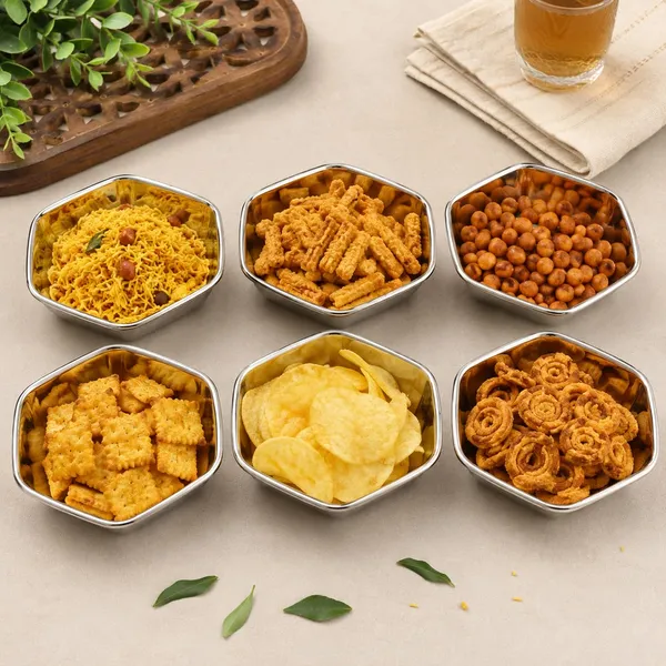 OMKARIXA_Stainless_Steel_Hexagon_Halwa_Plates_Set_of_6,_Square_Snack_&_Dessert_Plates,_Nasta_Side_Dish_Plates,_Mirror_Finish