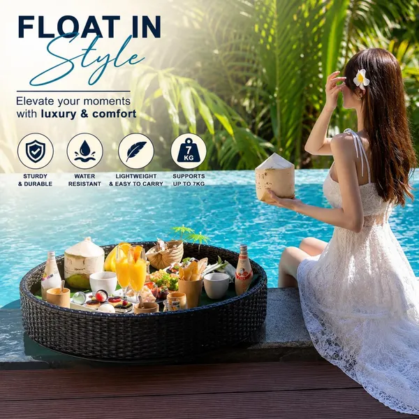 OMKARIXA_Floating_Serving_Tray_for_Pool,_Spa_&_Bath_|_Floating_Pool_Bar_Tray_|_Round_Brown_|_60_by_20_cm