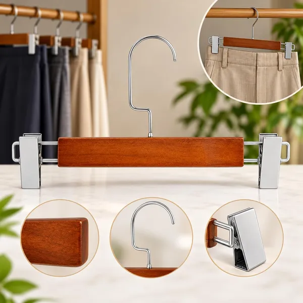 OMKARIXA_Wooden_Pants_Hangers_with_Metal_Clips,_360_Degree_Swivel_Hook,_Cherry_Wood,_Pack_of_6