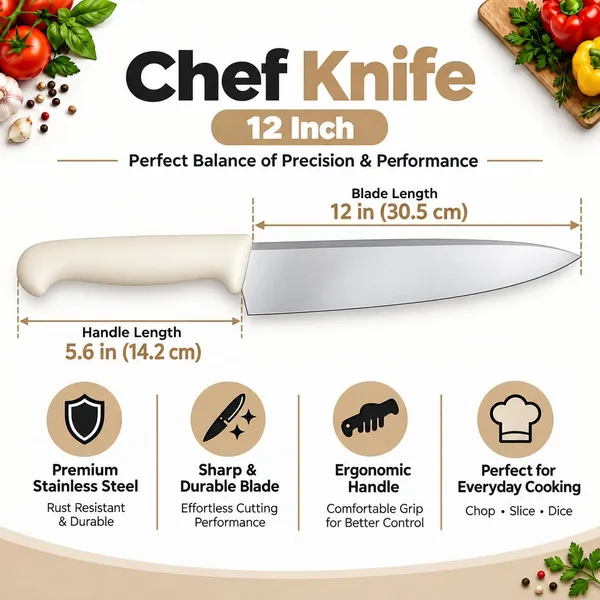 OMKARIXA_12_Inch_Professional_Chef_Knife_|_Stainless_Steel_Kitchen_Knife_|_Ultra_Sharp_Blade_|_Corrosion_Resistant_|_Pointed_Handle_|_Japanese_Grade_|_Home_&_Commercial_Kitchen,_White