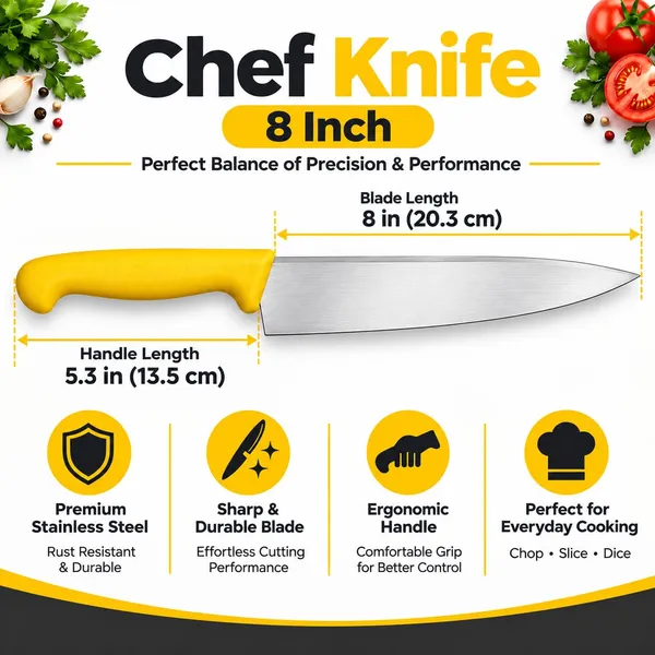 OMKARIXA_8_Inch_Professional_Chef_Knife_|_Stainless_Steel_Kitchen_Knife_|_Ultra_Sharp_Blade_|_Corrosion_Resistant_|_Pointed_Handle_|_Japanese_Grade_|_Home_&_Commercial_Kitchen,_Yellow