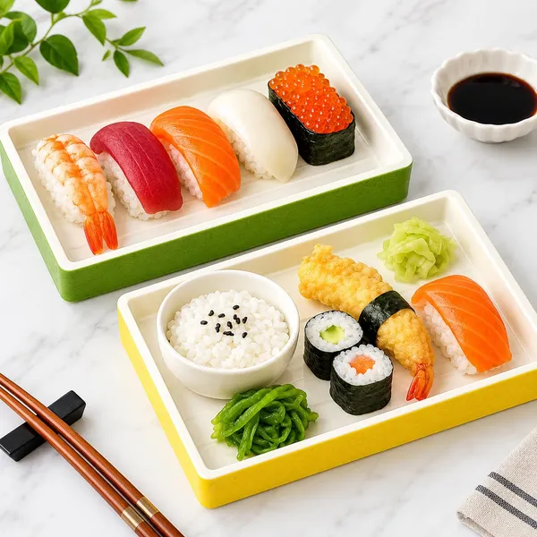 OMKARIXA_Sushi_Platter_Serving_Set_|_Green_&_Yellow_Japanese_Style_Serving_Tray_|_Dry_Bamboo_Finish_|_Sushi,_Snacks_&_Appetizer_Serving_Set