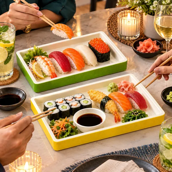 OMKARIXA_Sushi_Platter_Serving_Set_|_Green_&_Yellow_Japanese_Style_Serving_Tray_|_Dry_Bamboo_Finish_|_Sushi,_Snacks_&_Appetizer_Serving_Set