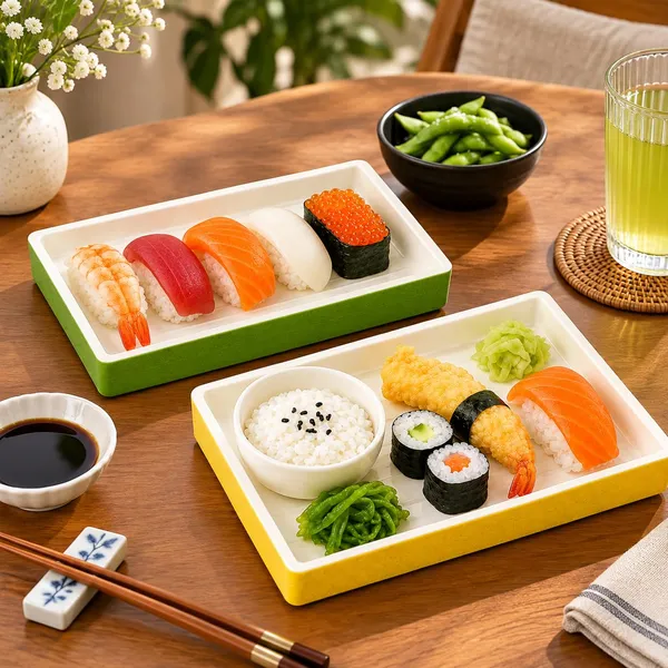 OMKARIXA_Sushi_Platter_Serving_Set_|_Green_&_Yellow_Japanese_Style_Serving_Tray_|_Dry_Bamboo_Finish_|_Sushi,_Snacks_&_Appetizer_Serving_Set